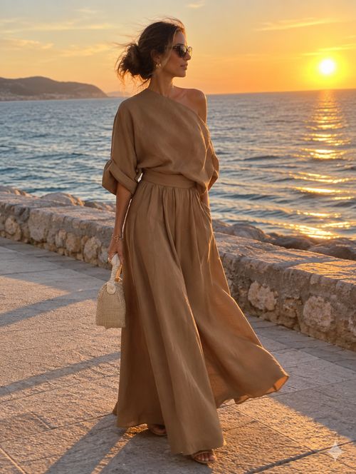 Completo Due Pezzi Cammello con Top Monospalla e Pantaloni a Gamba Larga