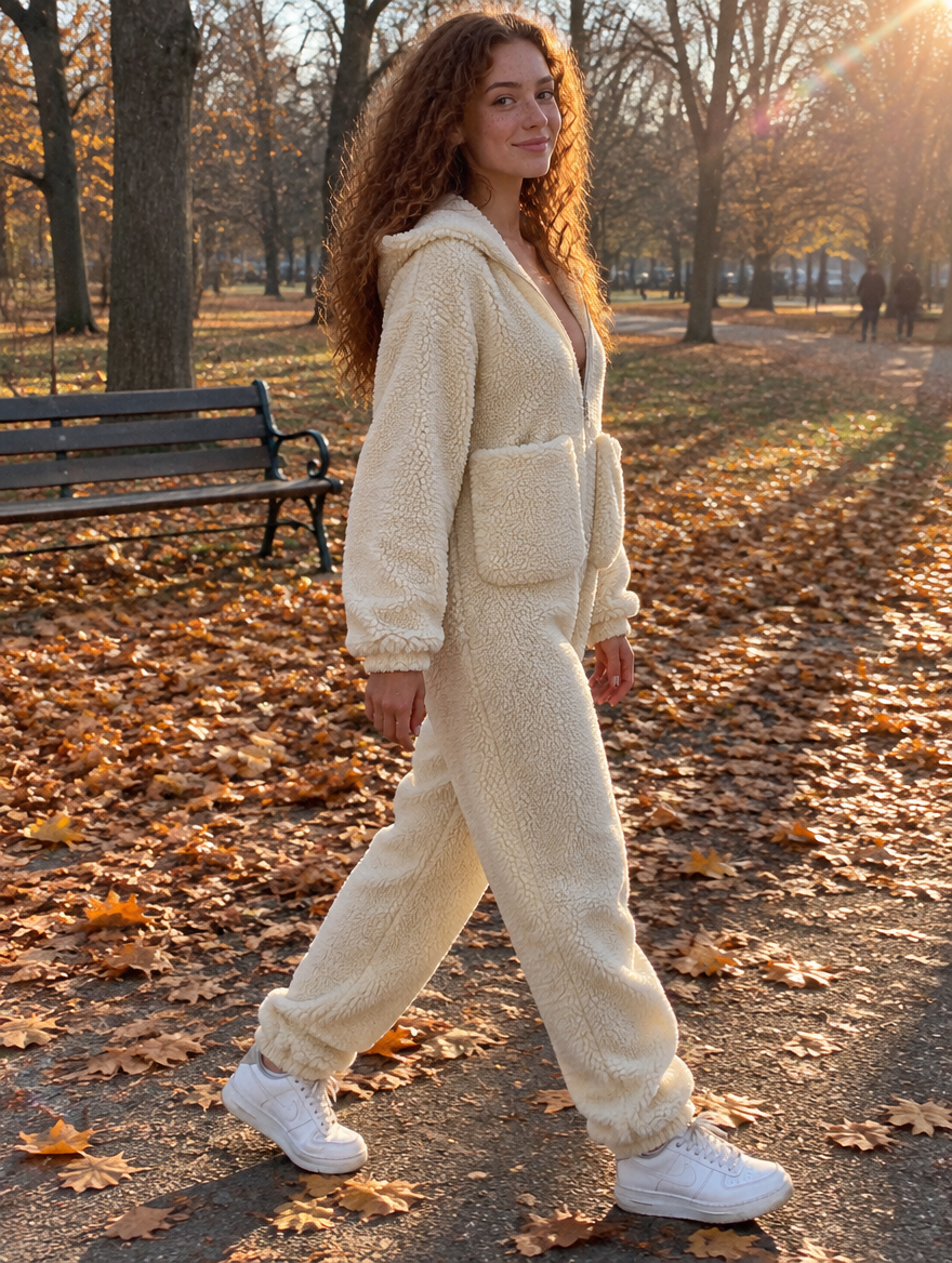 Tuta Intera Teddy Crema con Cappuccio e Zip