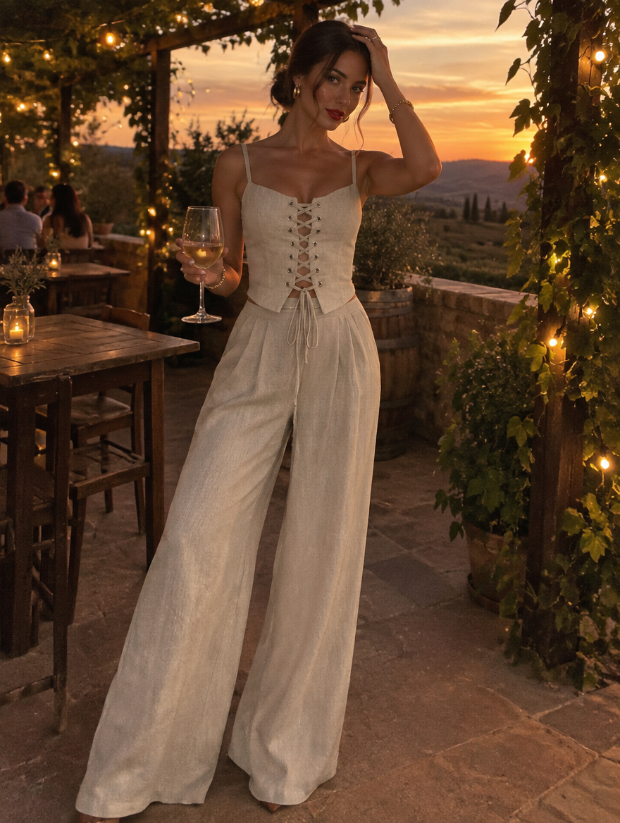 Completo Due Pezzi Beige con Top Corsetto Stringato e Pantaloni a Gamba Larga