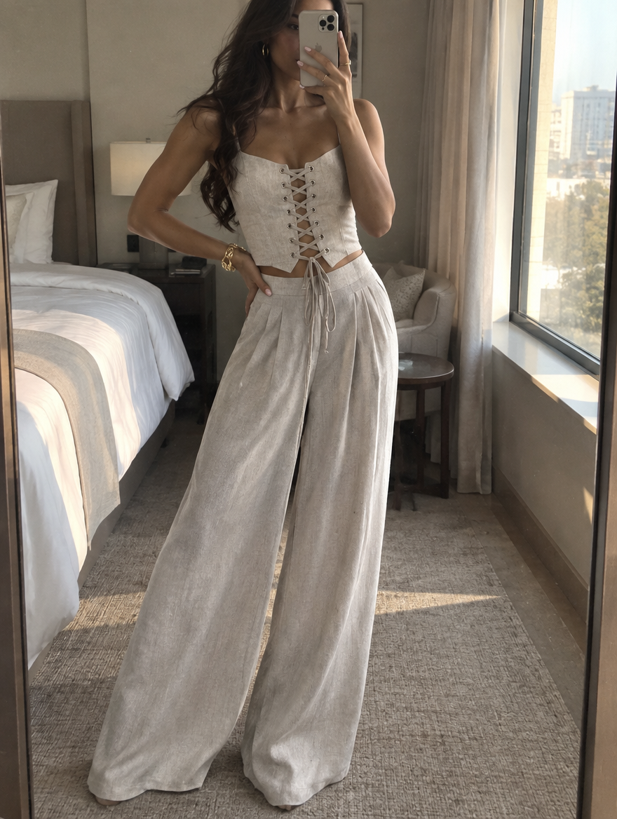 Completo Due Pezzi Beige con Top Corsetto Stringato e Pantaloni a Gamba Larga