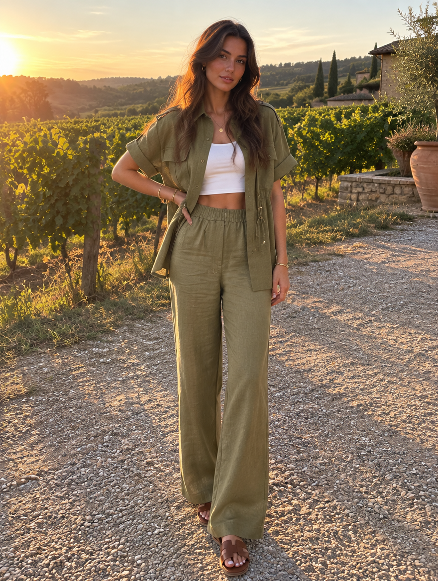 Completo Due Pezzi Verde Oliva in Cotone e Lino con Camicia Safari e Pantaloni Dritti