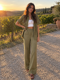 Completo Due Pezzi Verde Oliva in Cotone e Lino con Camicia Safari e Pantaloni Dritti