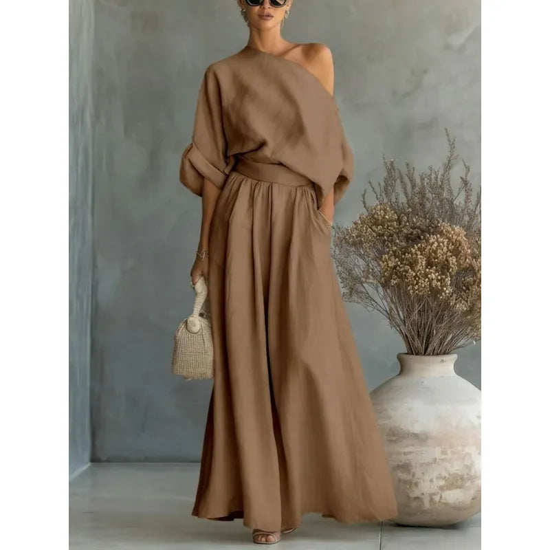 Completo Due Pezzi Cammello con Top Monospalla e Pantaloni a Gamba Larga
